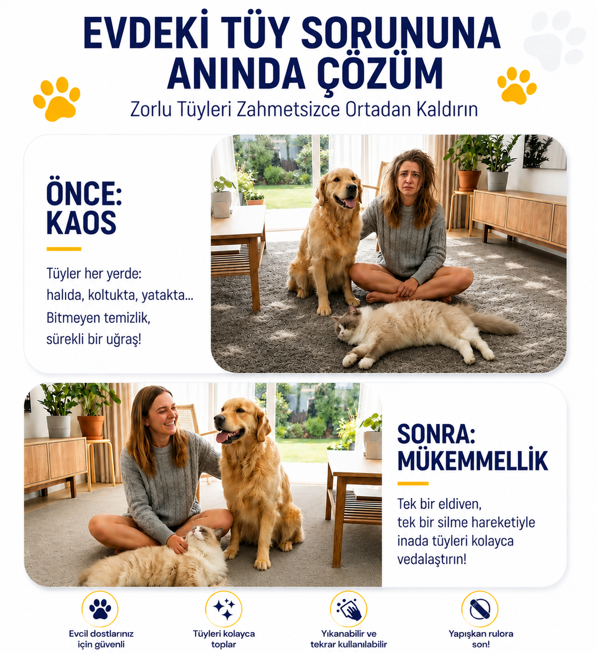 PawSwipe Tüy Toplama Eldiveni Her Yüzey İçin